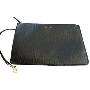 Calvin Klein Black Leather Purse Wallet Hand Bag Pouch with Strap 9.25" W